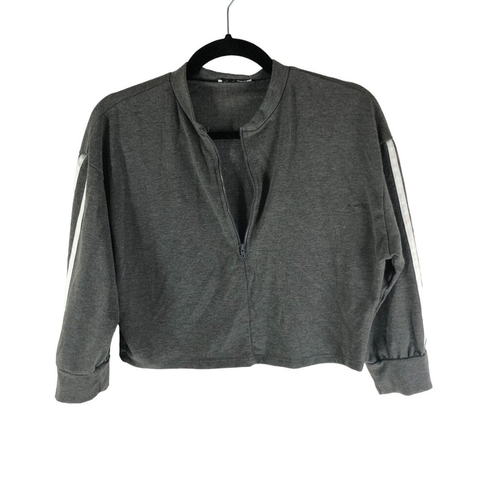 Fashion Nova Gray Zip-Up Heathered 3/4 Sleeve Crop Top Size M
